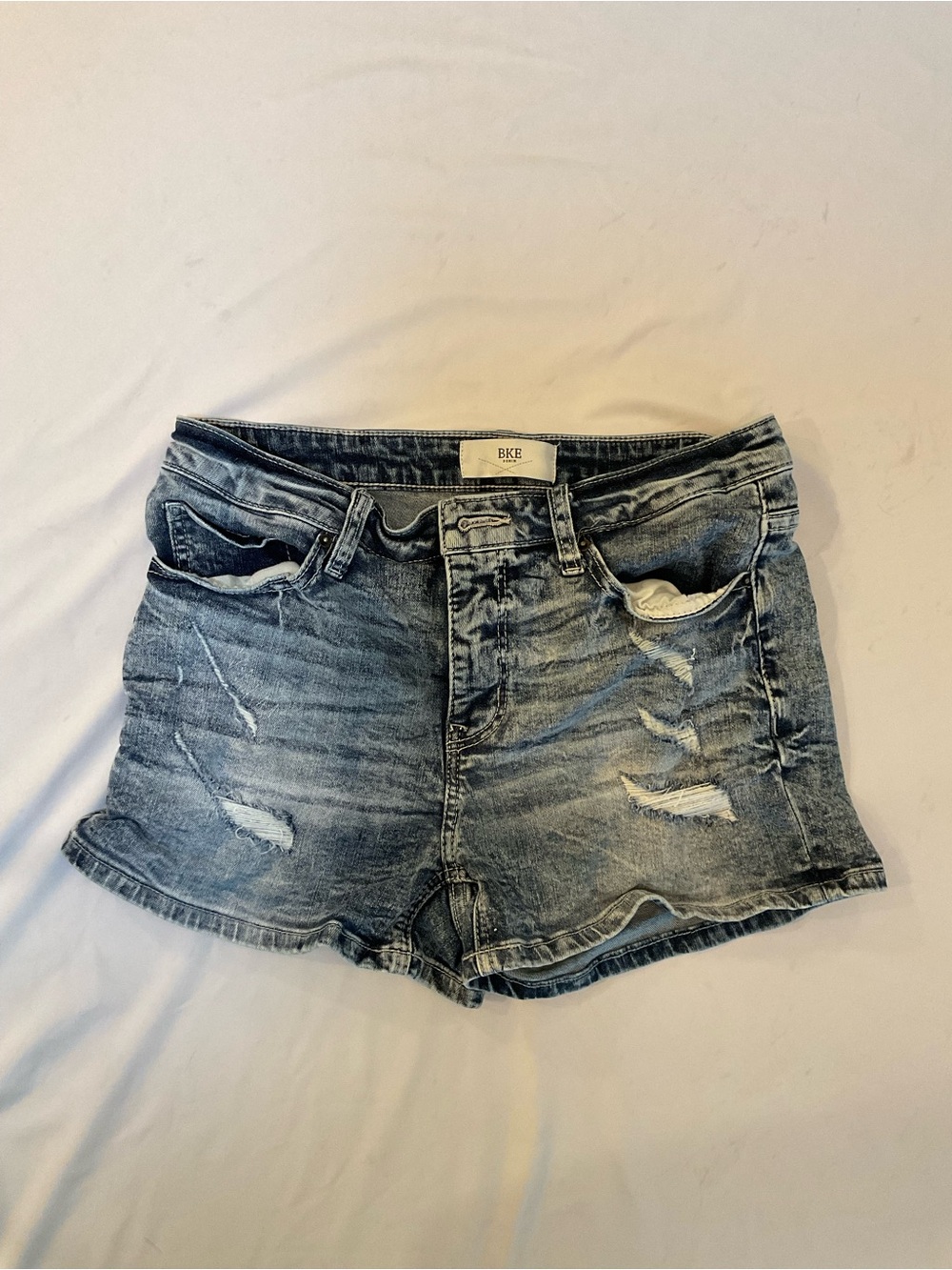 BKE Women's Light Blue Distressed Denim Shorts